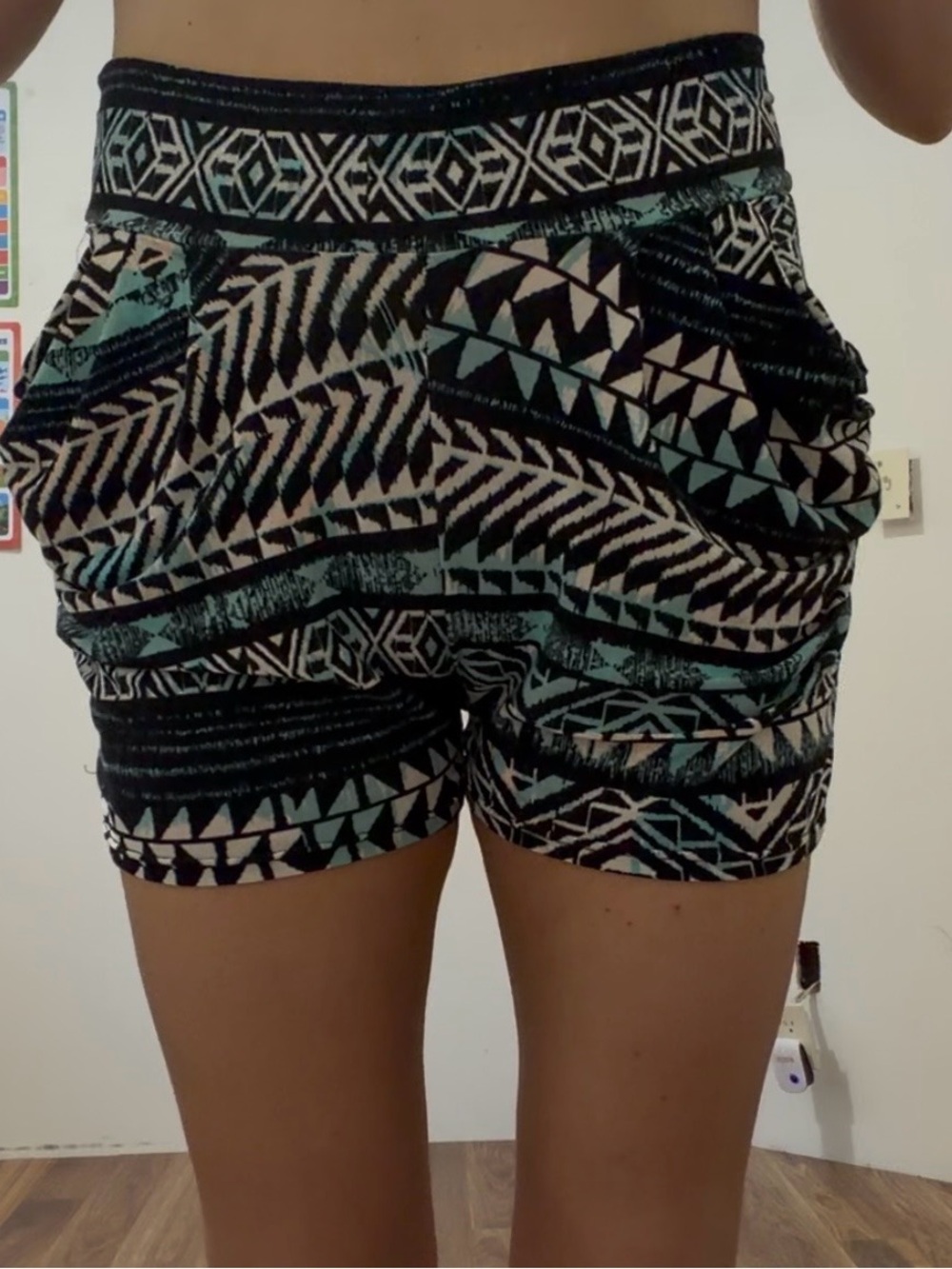Shosho Aztec Print Swim Coverup Shorts - Black, Teal & White M